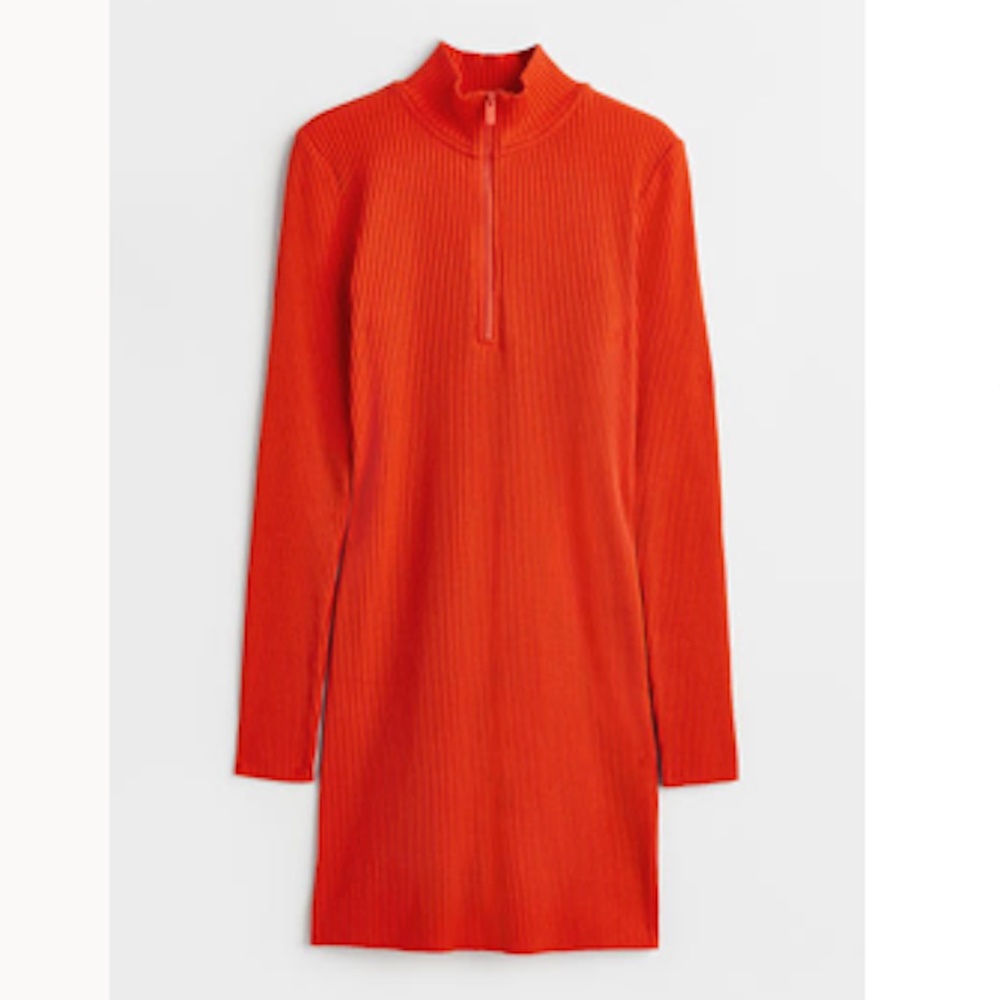 H&M bright orange rib knit funnel neck half zip bodycon mini dress NWT